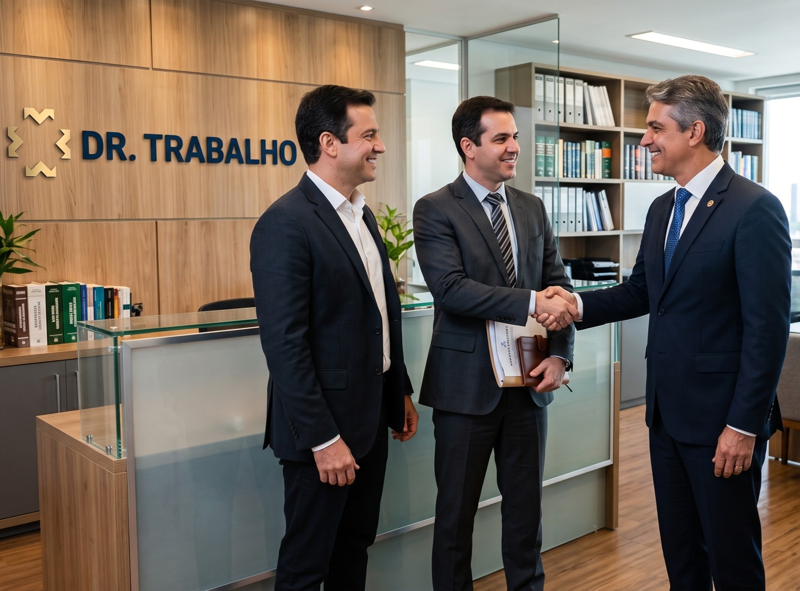 Advogado e empresário cumprimentando o assistente técnico da Dr. Trabalho em escritório moderno